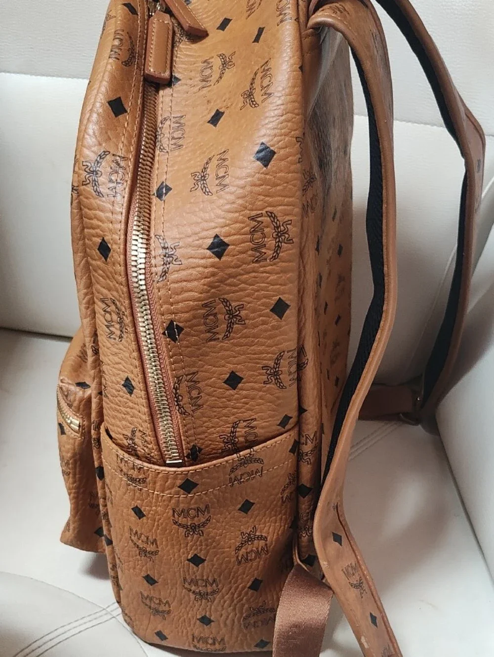 MCM Cognac Logo Print Leather Backpack with Gold Plate